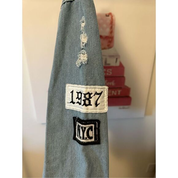 Denim distressed jacket oversized‎ fit Womens M Blue Festival Boho - Picture 2 of 4